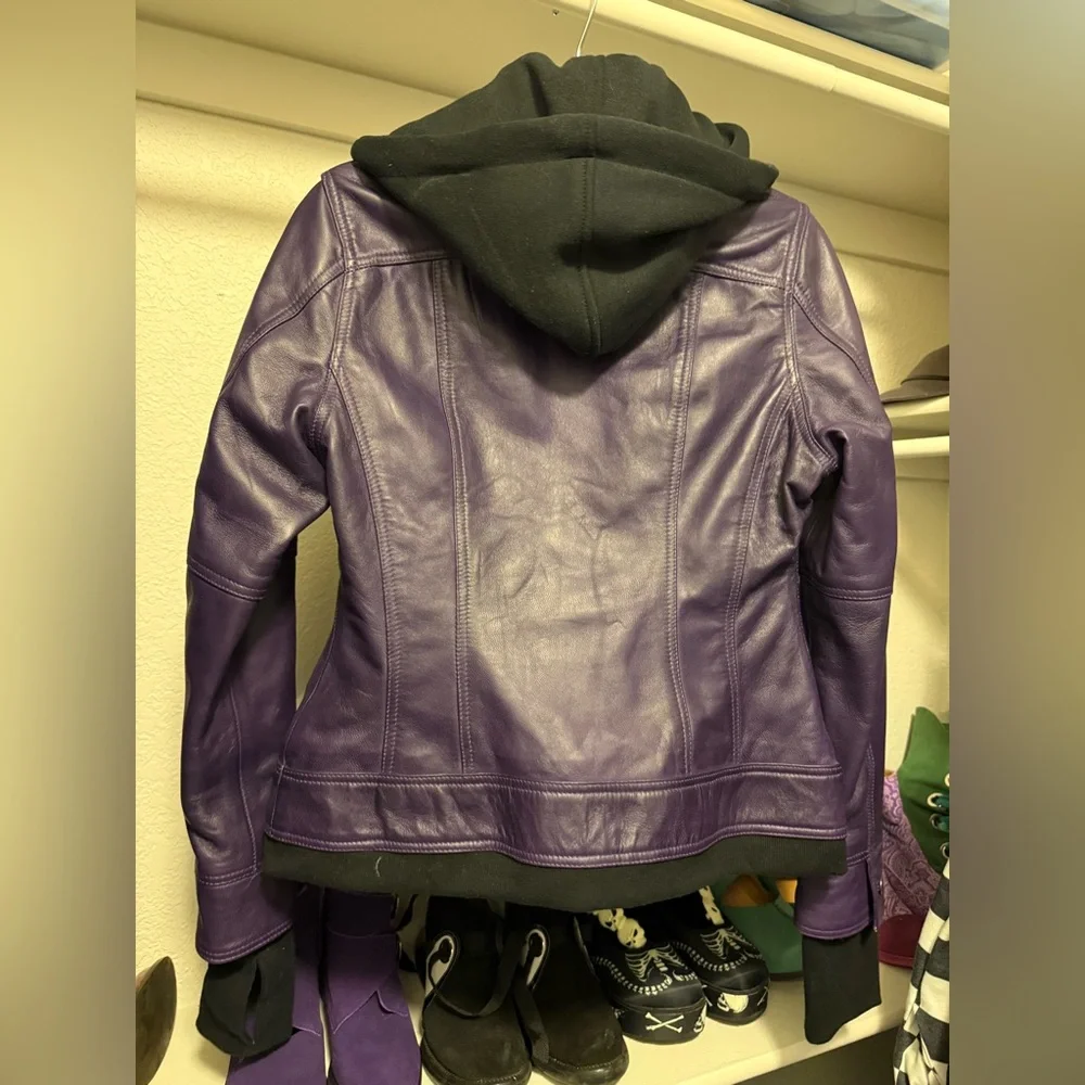 Purple Women's  Leather Hooded Jacket - Picture 3 of 5